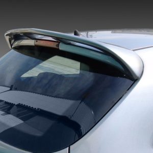 Rear hatch window of a silver car with a curved roof spoiler and wiper visible at the bottom edge of the window area.