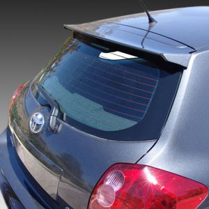 Rear view of a blue hatchback car showing the tailgate, rear window, wiper and red taillights.