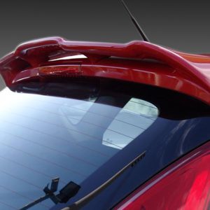 Red hatchback rear with a roof spoiler and tinted rear window