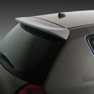 Rear three-quarter view of a silver hatchback car, showing a small roof spoiler above the rear window