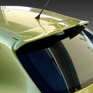 Lime green hatchback viewed from above, showing the rear spoiler and curved rear window