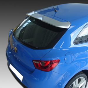 Blue hatchback viewed from rear-right corner, showing spoiler, red tail light, and glossy finish