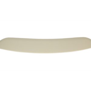 Beige curved silicone spatula blade on white background, viewed from above