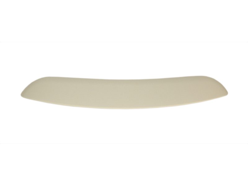 Beige curved silicone spatula blade on white background, viewed from above