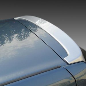Close-up of a blue car roof with a silver spoiler and trim, reflecting trees and the sky above.