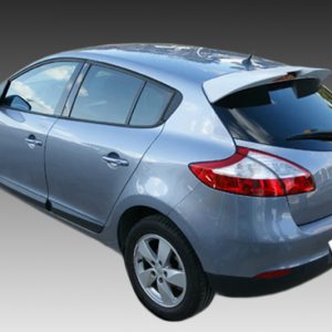 Rear three-quarter view of a blue-silver hatchback car with visible rear spoiler and taillights, against a gradient backdrop.”,