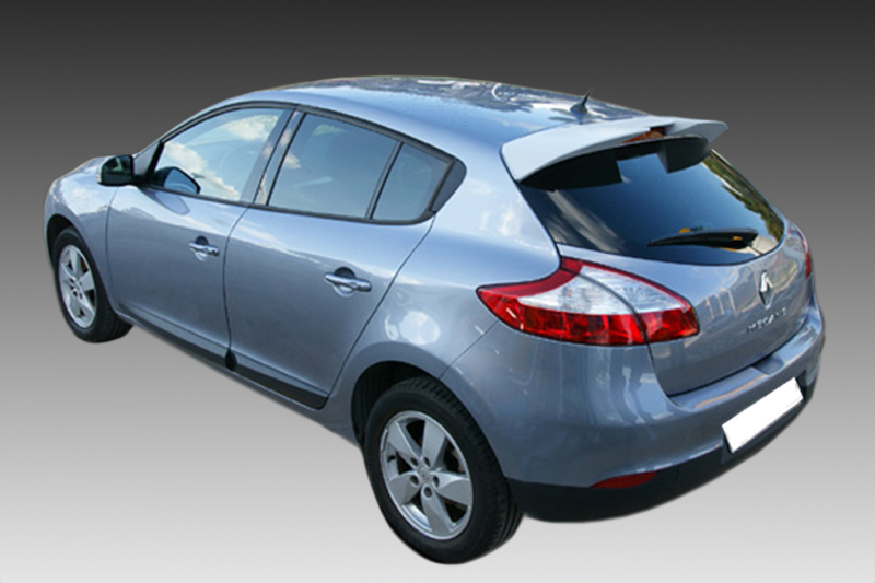 A-353_1jpg - OPSHOLDERS Rear three-quarter view of a blue-silver hatchback car with visible rear spoiler and taillights, against a gradient backdrop.”,