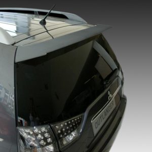 Rear view of a dark SUV with a roof spoiler and Outlander badge, showing the tail lights and rear window.