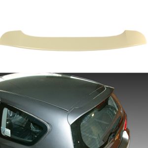Beige curved car spoiler shown above a gray hatchback for size reference. (informative)