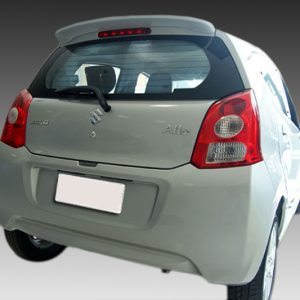 Rear view of a white Suzuki Alto hatchback against a gradient backdrop, showing the tail lights and rear window wiper.
