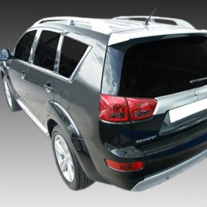 Rear three-quarter view of a dark gray Peugeot SUV, showing tail lights and rear hatch against a gradient background.