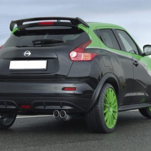 Rear three-quarters view of a black Nissan Juke with bright green rims and green roof accents.