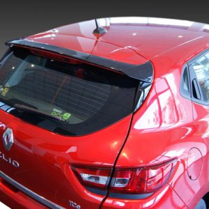 Red Renault Clio hatchback photographed from rear-left, showing the taillights, rear window, and Renault emblem on a glossy curved body.