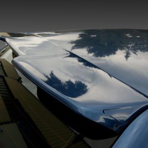 Close-up of a dark, glossy car hood reflecting trees and the sky above.