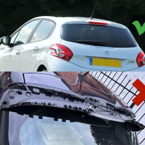 A-397_5jpg - OPSHOLDERS Top image shows a white hatchback photographed from the rear three-quarter view with a green check mark, indicating a good shot; bottom image shows a damaged car rear with a red X, indicating a bad shot.