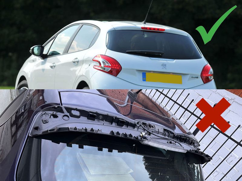 A-397_5jpg - OPSHOLDERS Top image shows a white hatchback photographed from the rear three-quarter view with a green check mark, indicating a good shot; bottom image shows a damaged car rear with a red X, indicating a bad shot.