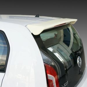 Rear view of a white Volkswagen up! hatchback showing the rear spoiler and tinted rear window behind the left side of the car.