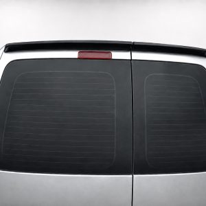 Rear view of a silver van with split rear doors and tinted windows, featuring a red center brake light above the doors.