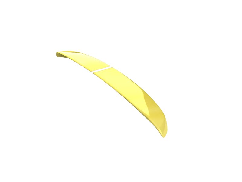 Yellow curved plastic blade-like object with a central seam on a white background.
