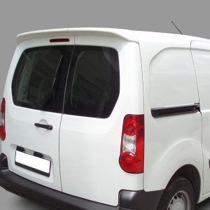 White panel van photographed from the rear-left side, showing rear doors, tail lights, and sliding side door against a gray background.