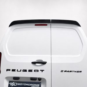 Back view of a white Peugeot van with split rear doors and red taillights, branding visible on the tailgate area