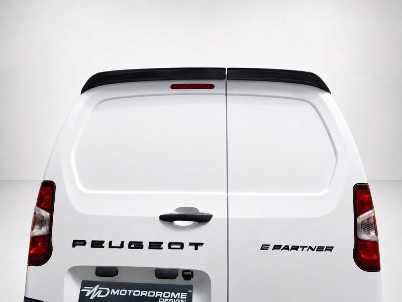 Back view of a white Peugeot van with split rear doors and red taillights, branding visible on the tailgate area