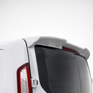 White rear of a van with an integrated rooftop spoiler above the rear window