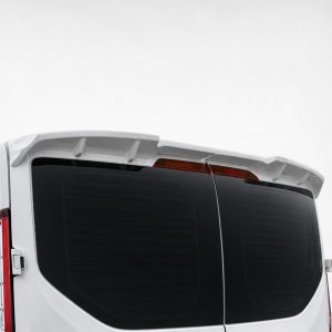 Rear view of a white van showing a roof spoiler above the rear windows and brake lights across the back.