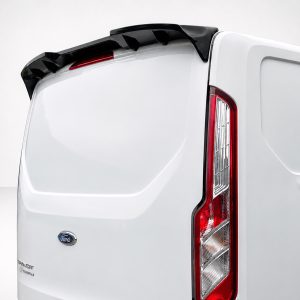 Rear view of a white Ford Transit cargo van showing the tail light and rear door, with a black roof spoiler visible at top edge.