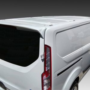 Rear three-quarter view of a white cargo van with large rear doors and tinted window area