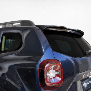 Blue Duster SUV rear quarter with roof rails and a spoiler at the top of the tailgate.