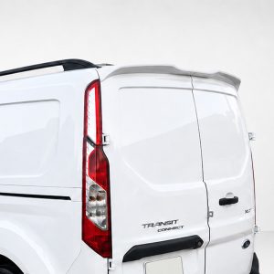 Rear view of a white Ford Transit Connect van, showing the vertical taillight, rear doors, and roof rack.