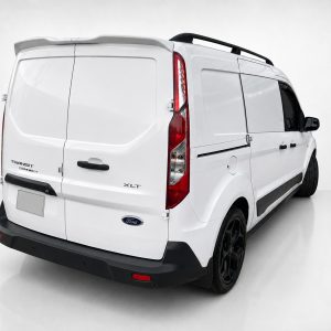 Rear three-quarter view of a white Ford Transit Connect XLT van with black bumper and roof rails on a light gray background.