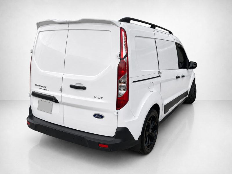 Rear three-quarter view of a white Ford Transit Connect XLT van with black bumper and roof rails on a light gray background.