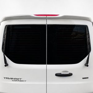 Rear view of a white Transit Connect van with split cargo doors and rear wipers visible.