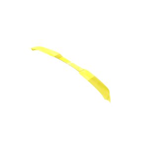 Yellow ribbon twisting in midair against a white background with soft shadows.