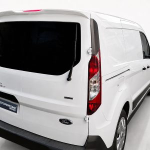 White Ford Transit Connect van viewed from the rear-right in a bright studio, showing rear wiper and black bumper.