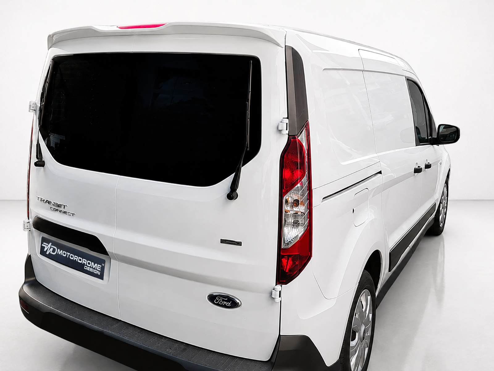 A-441_1jpg - OPSHOLDERS White Ford Transit Connect van viewed from the rear-right in a bright studio, showing rear wiper and black bumper.