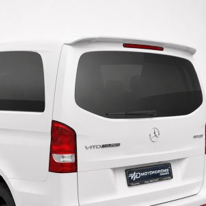 White Mercedes Vito Tourer rear three-quarter view with tinted windows and red tail lights