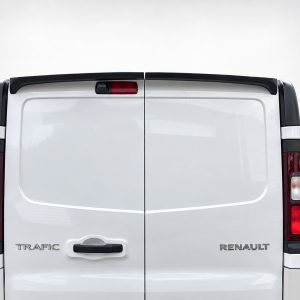 Rear view of a white Renault Trafic van with split rear doors, showing red taillights and Renault badge on each door.