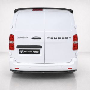 Rear view of a white Peugeot Expert van with split rear doors, tail lights visible on both sides, and a black bumper guard; shows the 'EXPERT' badge and 'PEUGEOT' lettering on the doors, plus a Motordrome Design plate on the lower left.