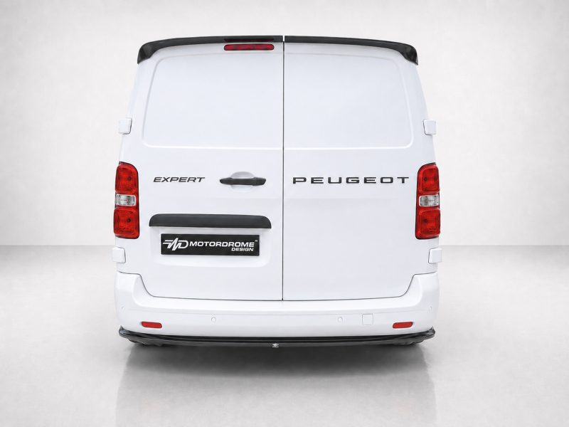 Rear view of a white Peugeot Expert van with split rear doors, tail lights visible on both sides, and a black bumper guard; shows the 'EXPERT' badge and 'PEUGEOT' lettering on the doors, plus a Motordrome Design plate on the lower left.