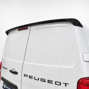 Rear view of a white Peugeot Expert van with a black roof spoiler and red tail lights visible on the right edge.