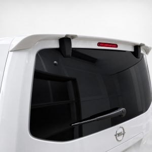 Rear end of a white van with a small spoiler, red third brake light, and rear window wiper.