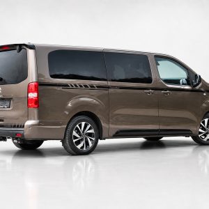 Brown passenger/minivan shown from the side and rear in a studio setting with tinted windows and chrome wheels on a white background,