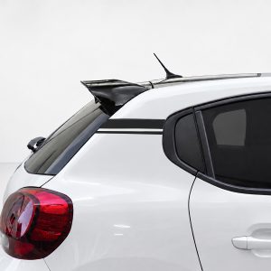 White hatchback rear with a black spoiler, tinted rear window, and red tail light highlight the back of the car with a sporty look.
