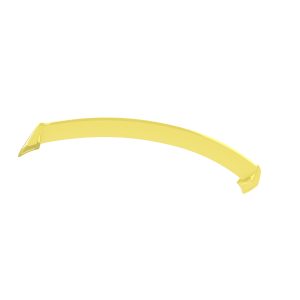 Yellow curved plastic strip with wedge-shaped ends, floating on a white background