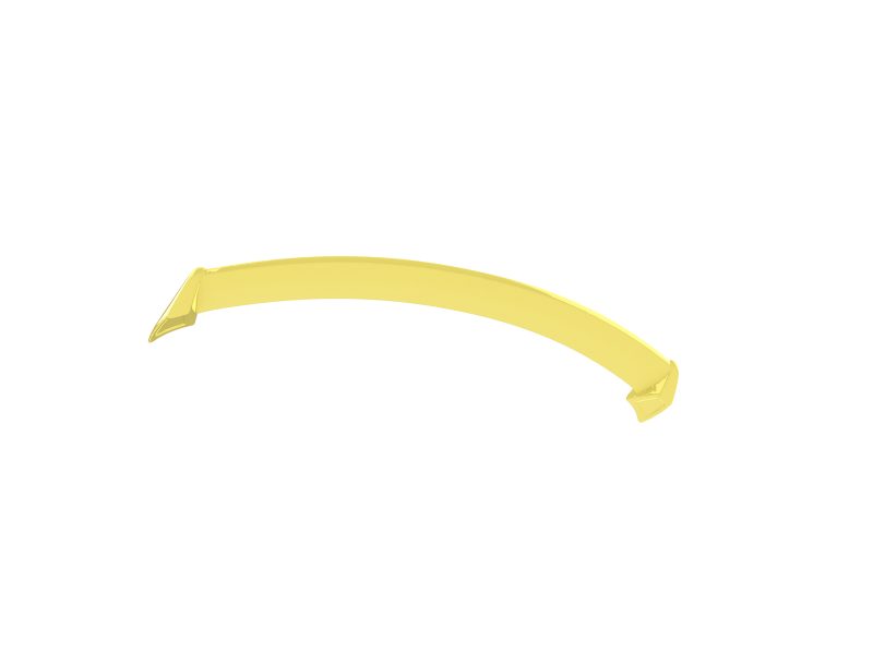 Yellow curved plastic strip with wedge-shaped ends, floating on a white background