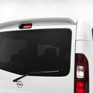 Rear view of a white van with a large tinted back window, rear wiper, and red taillights; Opel badge on the tailgate.