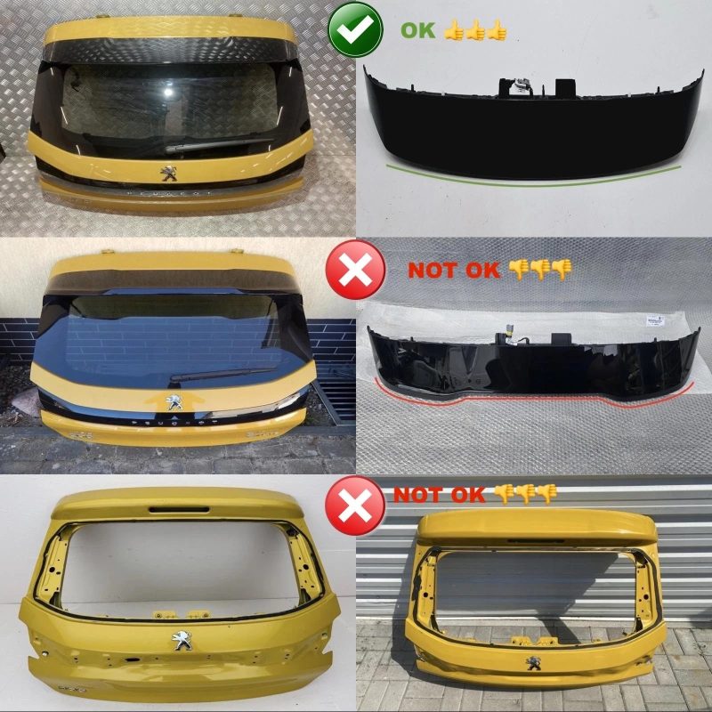 A-456_5-1jpg - OPSHOLDERS Collage comparing front bumper repairs for a yellow Peugeot: top-left finished yellow bumper with emblem, top-right black bumper silhouette labeled OK, bottom-left another finished yellow bumper with blue-tinted windshield, bottom-right damaged bumper labeled NOT OK with red X and thumbs down emojis.